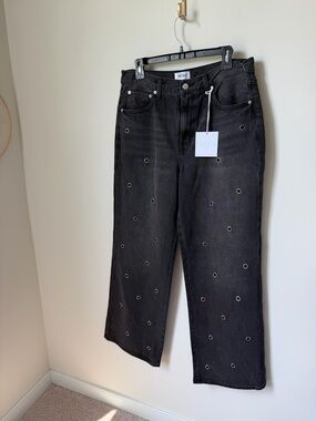 Pistola Black Denim Grommet Rhinestone Wide-Leg Jeans